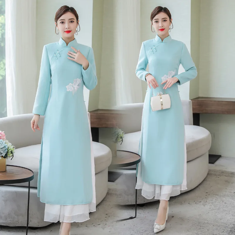 

Photo Shoot Chinese-style Tea Service Women's Autumn And Winter Dress Thick Slim Fit Improved Cheongsam Style Audrey Zen Literat