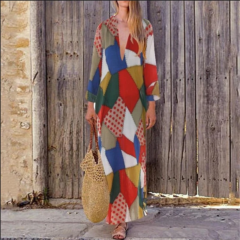 

Fashion Women Boho Dress Baggy Gypsy Kaftan Holiday Loose Long Maxi Beach Dress Sundress Plus Size Clothes Loose Ladies Dresses
