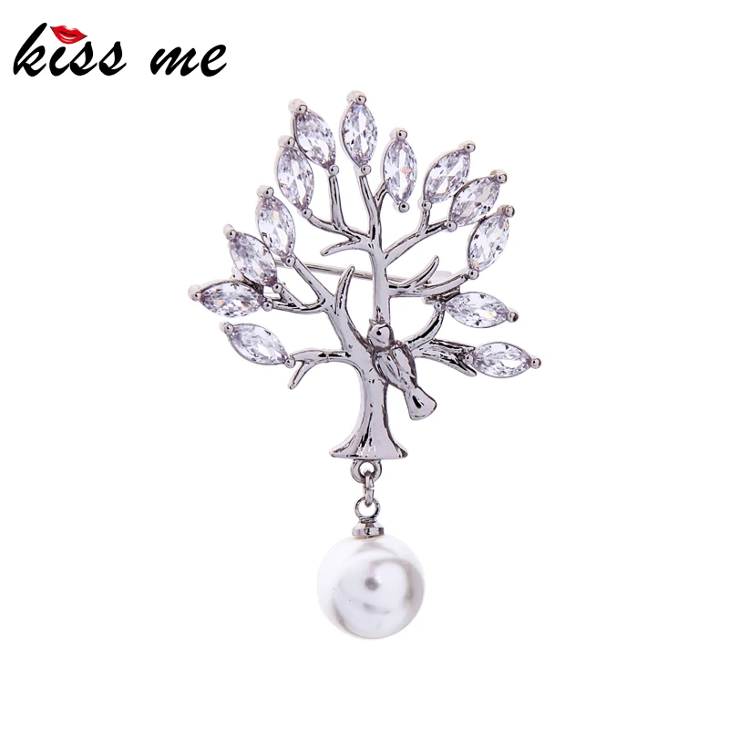

kissme Exquisite White Gold Color Brass Bird Shiny Zircon Tree Leaves Glass Pearl Pendant Brooches For Women New Fashion Jewelry