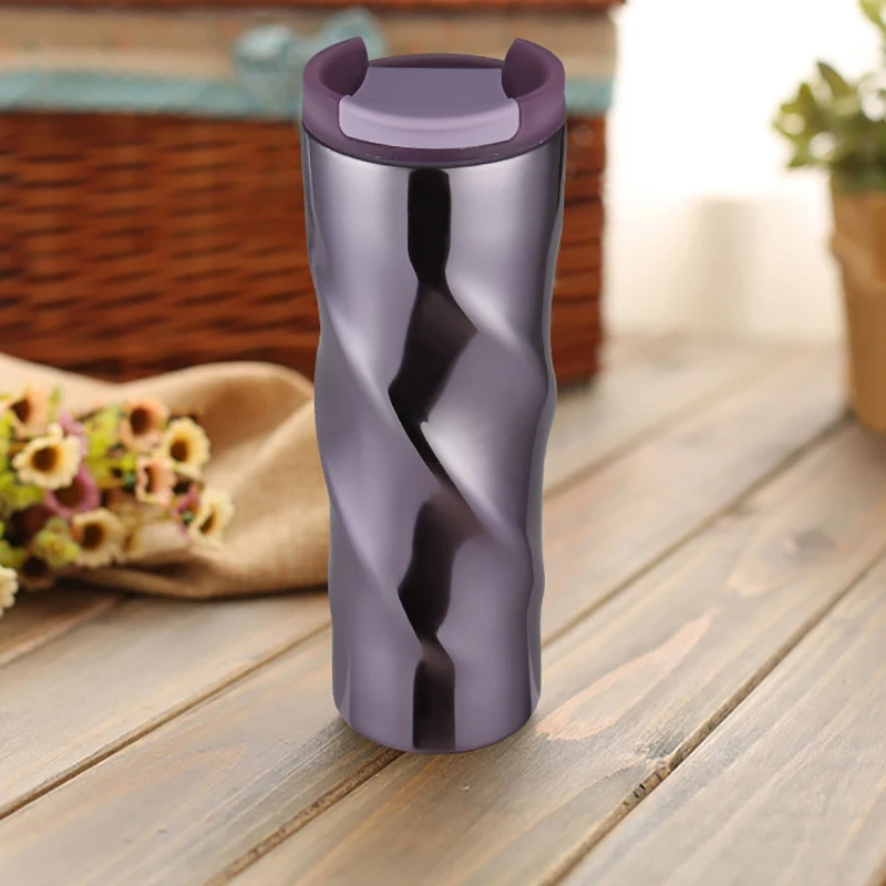 NHBR-2 Pcs 500Ml Coffee Insulation Cup Stainless Steel Spiral Vacuum Flask Portable Gradient Travel Thermal Mug, Blue& Purple