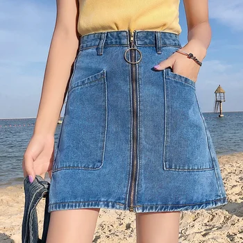 

2020 new spring and summer joker bull-puncher denim skirt of tall waist female zipper stitching vertical pocket students