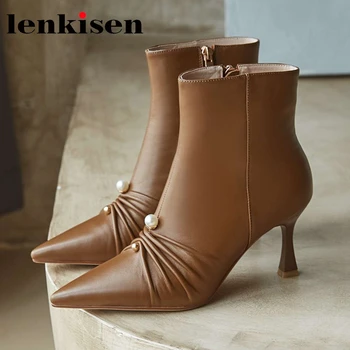 

Lenkisen genuine leather pointed toe strange high heel Chelsea boots pearl decoration elegant lady dance party ankle boots L90