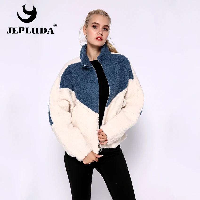 JEPLUDA Короткая меховая куртка женская зимняя на молнии с стоячим воротником