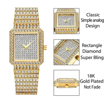 MISSFOX Diamond Watch For Women Luxury Brand Ladies Gold Square Watch Minimalist Analog Quartz Movt Unique Female Iced Out Watch Karachi