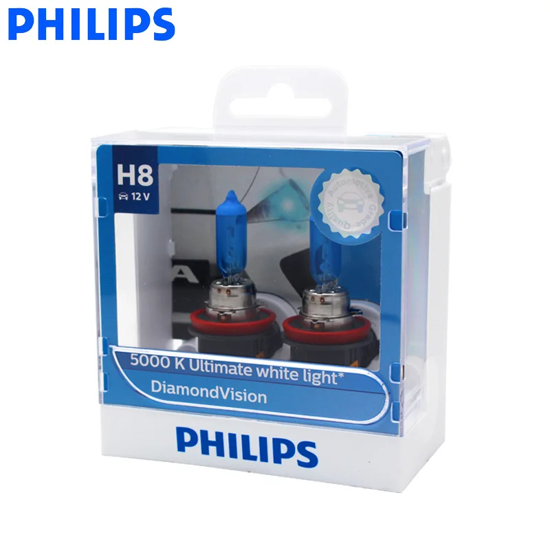 Philips H8 12V 35W Diamond Vision 5000K автомобильный светильник, галогенные Оригинальные противотуманные фары, автомобильные ксеноновые лампы белого света, Германия 12360DVS2, пара