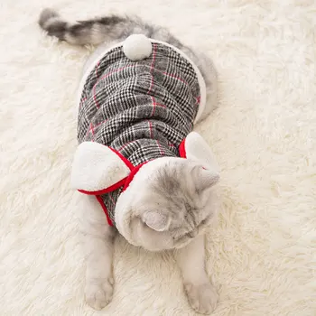 

cat clothing rabbit ear Plaid cotton padded jacket blue cat English short cat winter thickened warm pet cat clothing