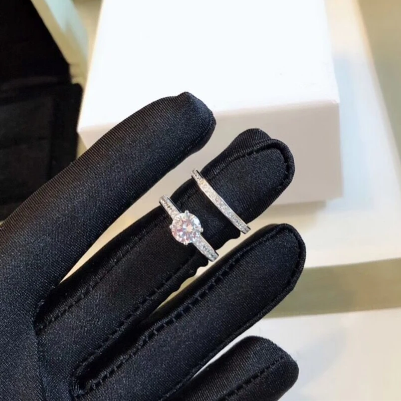 Серебристый 925 пробы Серебряное кольцо с бриллиантами для женщин, роскошный Кристал для свадьбы, помолвки, набор колец из белого золота S925 пробы - Цвет камня: Серебристый