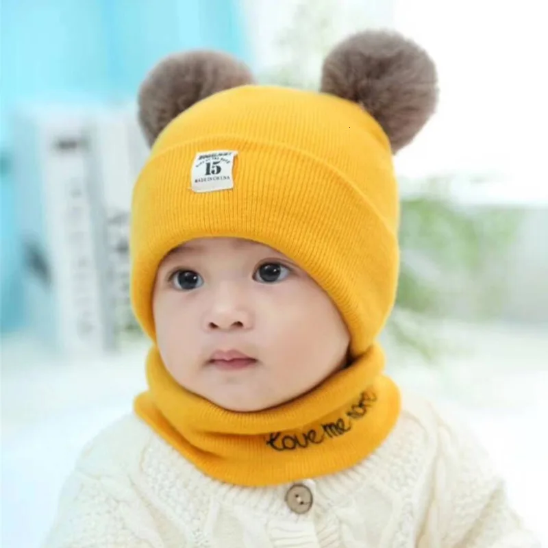 yellow Комплект из 2 предметов, вязаная шапка и шарф, детская зимняя шапка с двойным помпоном, одноцветная теплая вязаная шапка, шапки с помпонами, наборы шарфов для малышей - Цвет: yellow