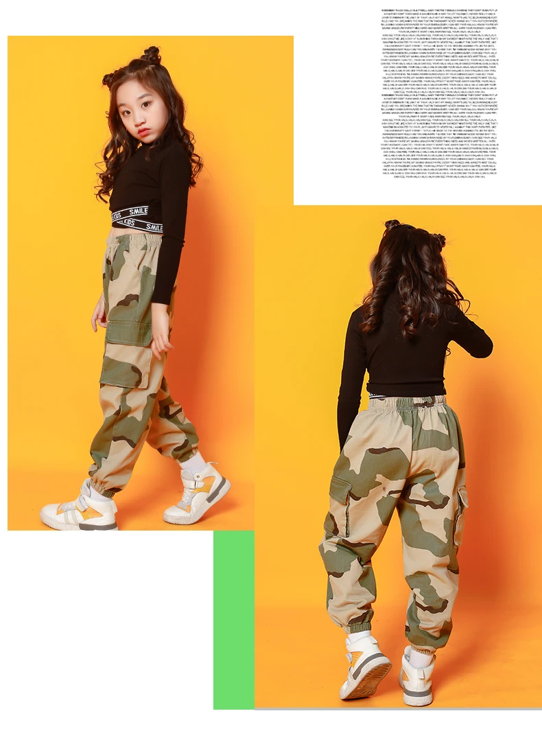 Hip Hop Dance Costumes Crop Cross Top Coat Camouflage Pants Girls Jazz Clothing Children Street Dancing Stage Performance Wear (8)