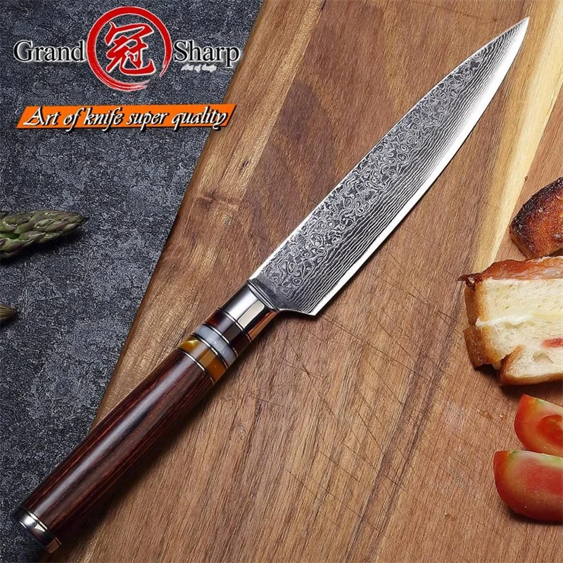 Grandsharp 5,3 дюймов дамасский Универсальный нож кухонный нож японские ножи VG10 Дамасская сталь инструменты для барбекю инструмент для кемпинга
