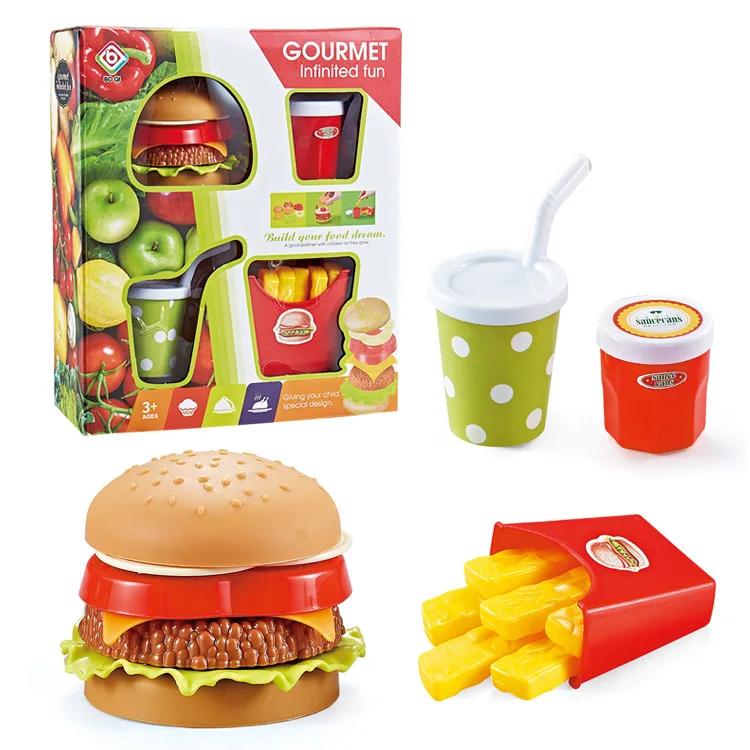 

Children's Puzzle Play House Toy Kitchen Gourmet Tableware Simulation Fries Burger Drink Set DIY Toy
