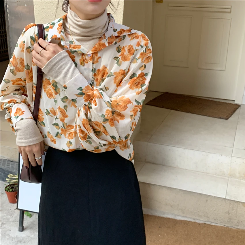 Neploe шифоновая женская блузка с цветочным рисунком, Корейская винтажная рубашка с длинным рукавом, однобортная осенне-зимняя блуза 55896