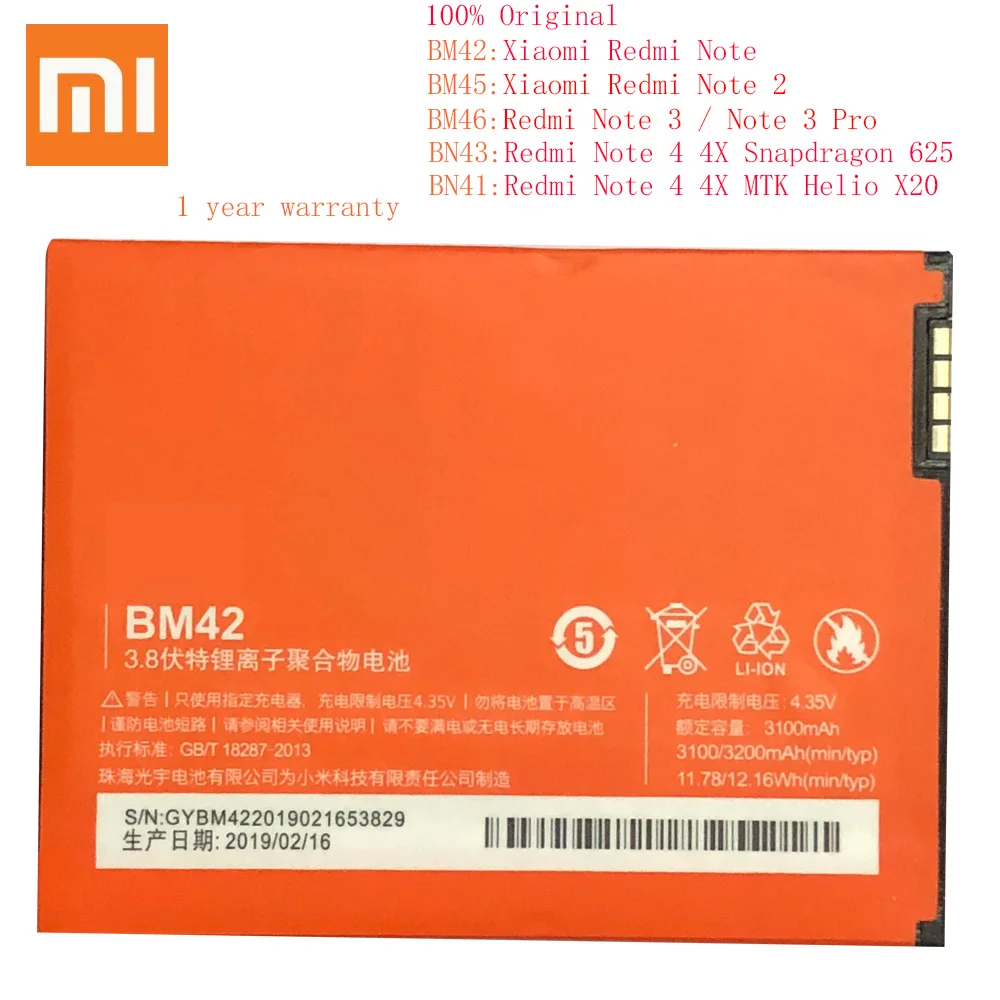 Оригинальный BM45 BM46 BM42 BN41 BN43 Аккумулятор для Xiaomi Redmi Note 4 4X 3 2 Note2 Note3 Note4 сменный