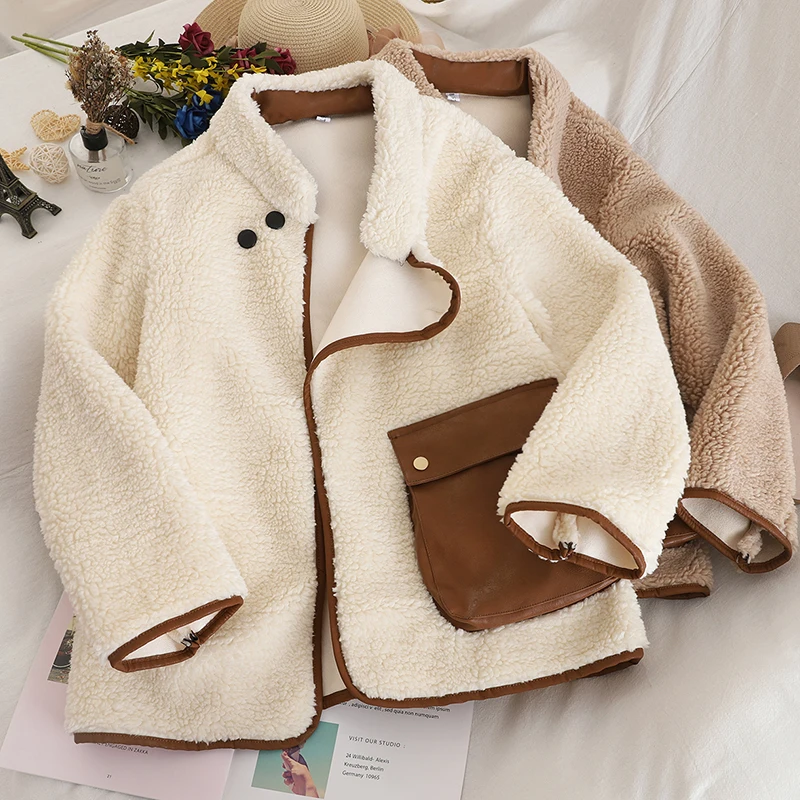 MUMUZI Stand collar color stitching cpat with leather pocket lambs jacket fashion autumn and winter new warm coats