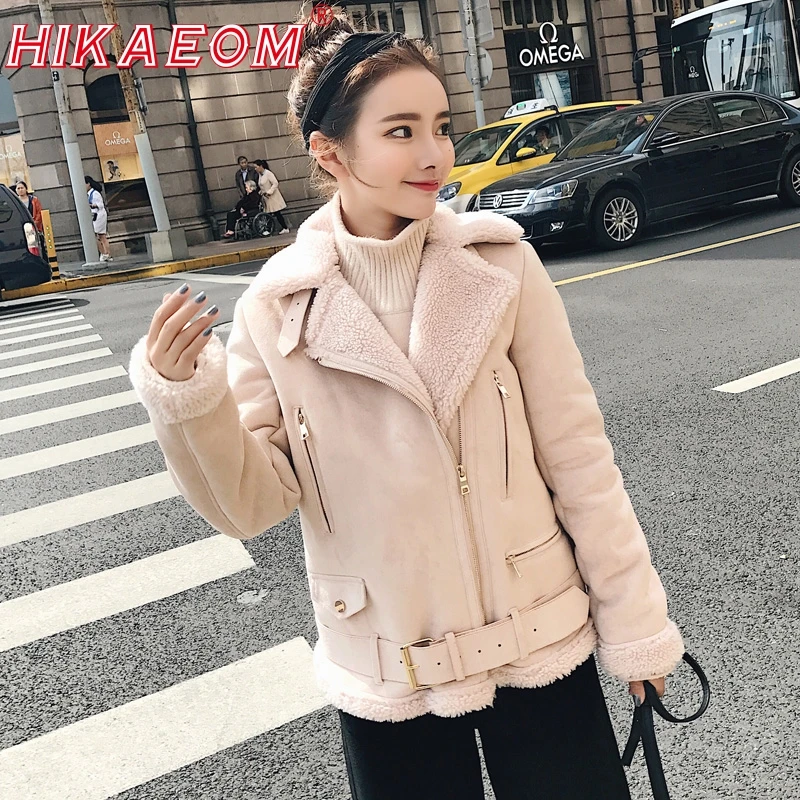 

Winter Suede Leather Jackets Women Short Lamb Wool Long Sleeve Zipper Motorcycle Jackets Thick Sheepskin Wool Warm Coats 2019