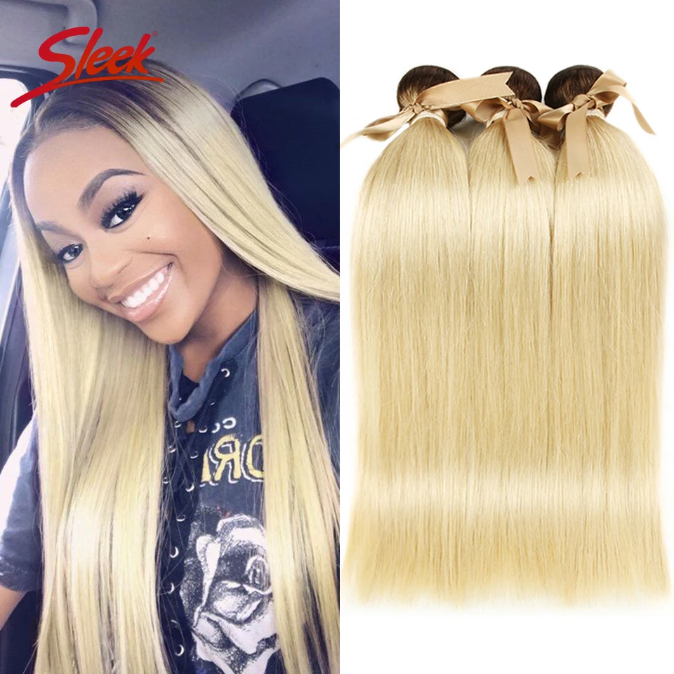 

Sleek Ombre Blonde Hair Weaves Straight Brazilian Hair Bundles 100% T4 613 Honey Straight Remy Hair Extensions 10 to 26 Inches