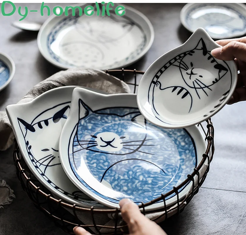 

6/8 Inch Japanese Multi-style Cat Drop-shaped Ceramic Plate Home Kitchen Supplies Bone China Salad Dessert Dish Sauce Dish