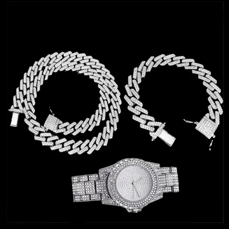 

HipHop Iced Out Miami Zircon Cuban Link Chain Prong Pave Necklace Watch for Women Jewelry for Women Men Set African Jewelry