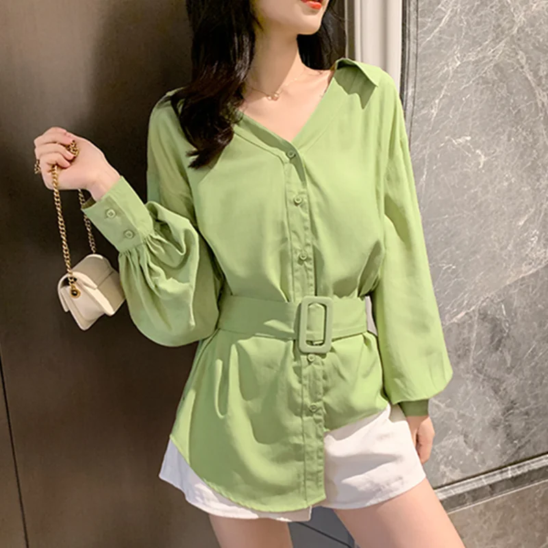 

Fall 2020 new style V-neck long shirt loose and elegant, with belt all-match chiffon shirt long-sleeved shirt