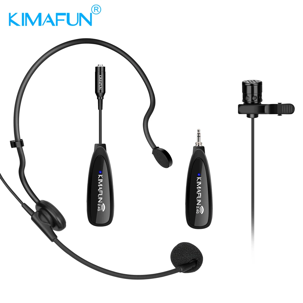 KIMAFUN 2,4G Беспроводная гарнитура 2 в 1 и петличный микрофон с передатчиком, мини нагрудный микрофон и портативный приемник