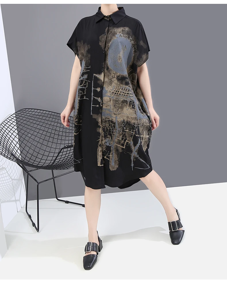 New Fashion Painted Style Black Vintage Shirt Dress