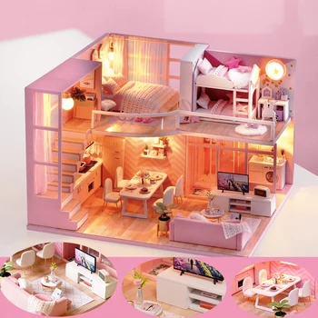 

Handmade Wooden Doll House Miniature Dollhouse Furniture Kit Toys Room Box Furniture Building Blocks Toy for Children Birthday