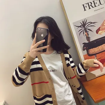 

L Coat Female Loose Mid-length Stripes Spring and Autumn Cardigan 2020
