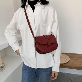 

Retro Stone Pattern Women Shoulder Messenger Saddle Bag Fashion PU Leather Purse Solid Color Casual Ladies Girls Handbags
