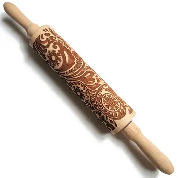 

Wooden Rolling Pins With Flower Embossing Paisley Embossed Natural Wood Carved Snowflake Vine Plant Engraved Rolling Pin