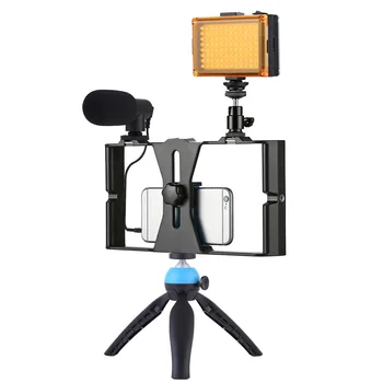 

4 in 1 Vlogging Live Broadcast LED Selfie Light Cell Phone Video Rig Kits with Microphone Tripod Mount Cold Shoe Tripod Head