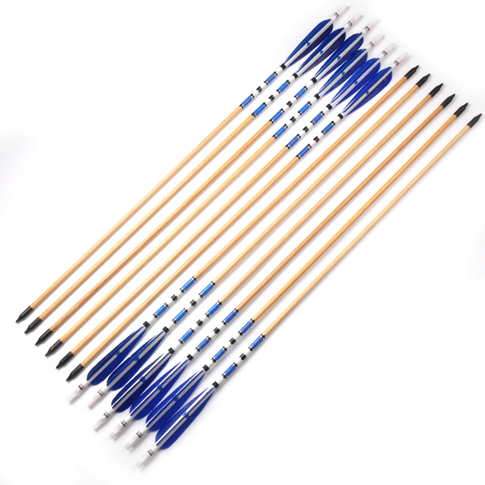 Tiro com Arco Preta com a Tradicional Artesanal de Madeira Seta para Arco Fontes do Treinamento 78 Centímetros Broadheads Azul Pena Whol 6 – 12 24 Pcs