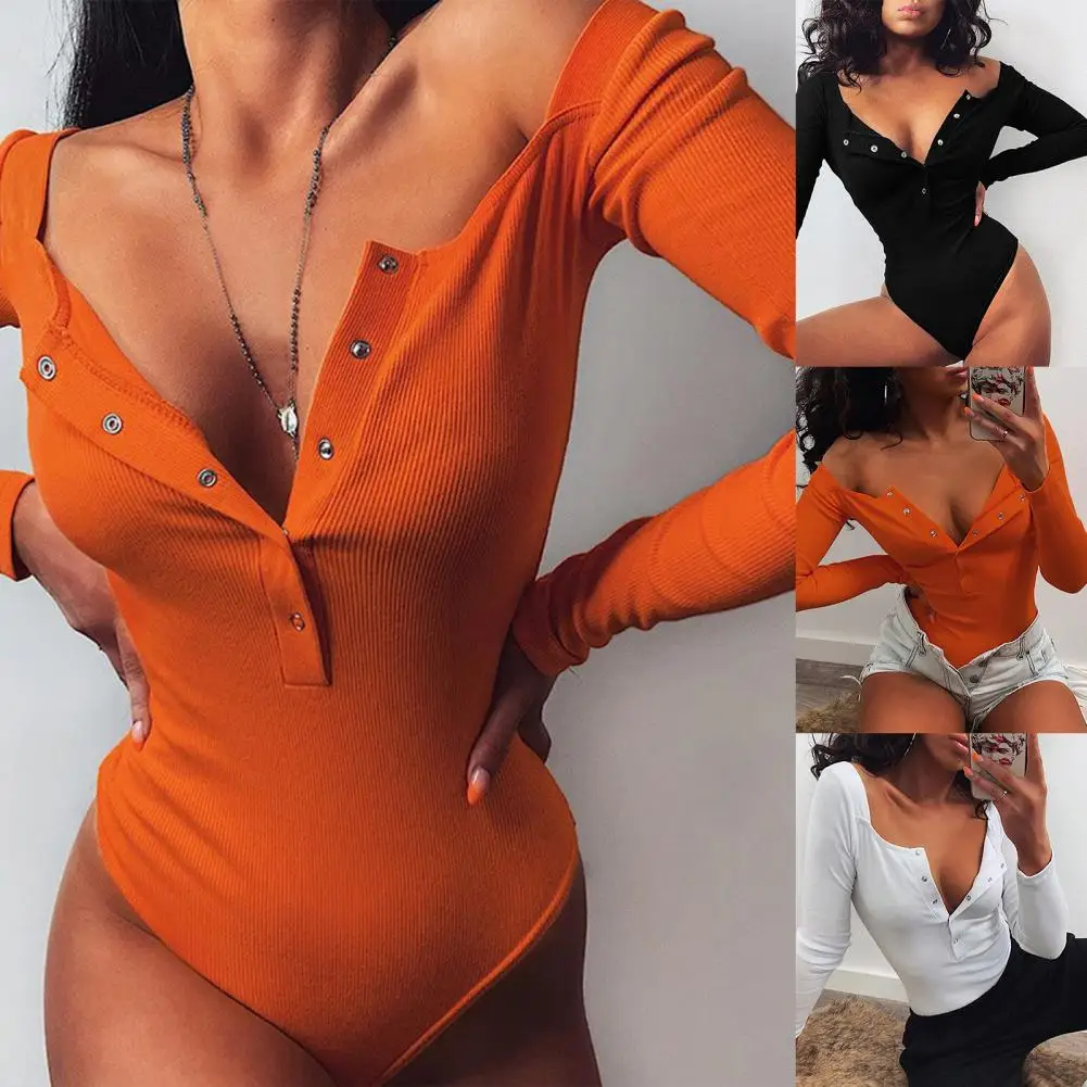 Sexy Knitted Bodysuit Women Square Neck Long Sleeve Buttons Ribbed Knitted Slim Romper Fashion Streetwear  Overalls mesh bodysuit