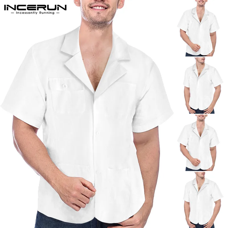 

Men's Solid color Short Sleeve Shirt Summer Loose Casual Turndown Collar Tops White Lapel Breathable Male Camisa INCERUN S-5XL