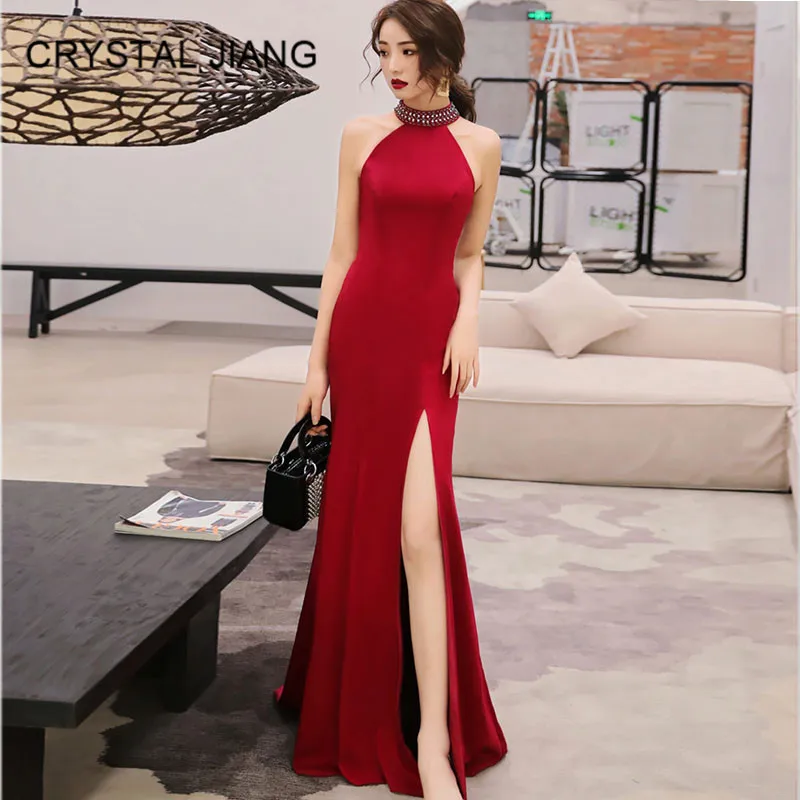 Элегантные длинные вечерние платья 2019 Sexy Холтер изящное, расшитое бисером без рукавов, прозрачный с бисером на спине цвет красного вина