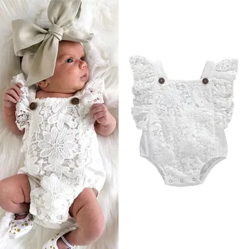

0-24M Baby Girls Bodysuit Infant Fly Sleeve Square Collar Jumpsuit For Newborn Solie White Lace Playsuit Baby Girls Bodysuit