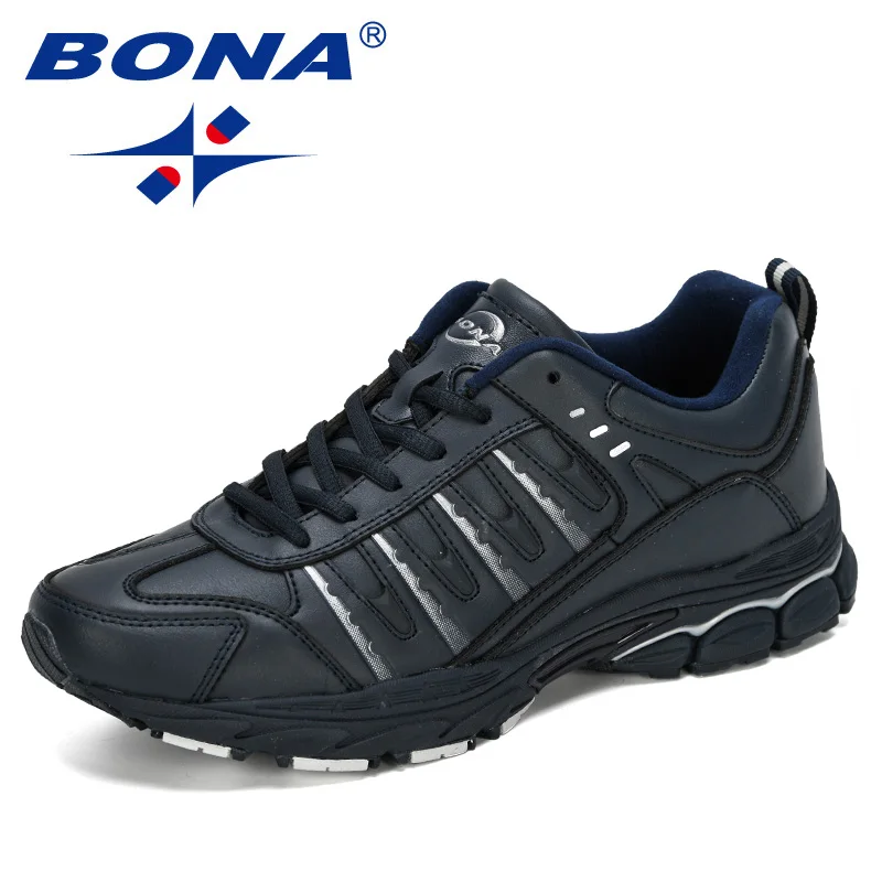 BONA Новые дизайнерские кожаные спортивные кроссовки обувь мужские кроссовки Удобная спортивная обувь уличные кроссовки мужские - Цвет: Deep blue silvergray