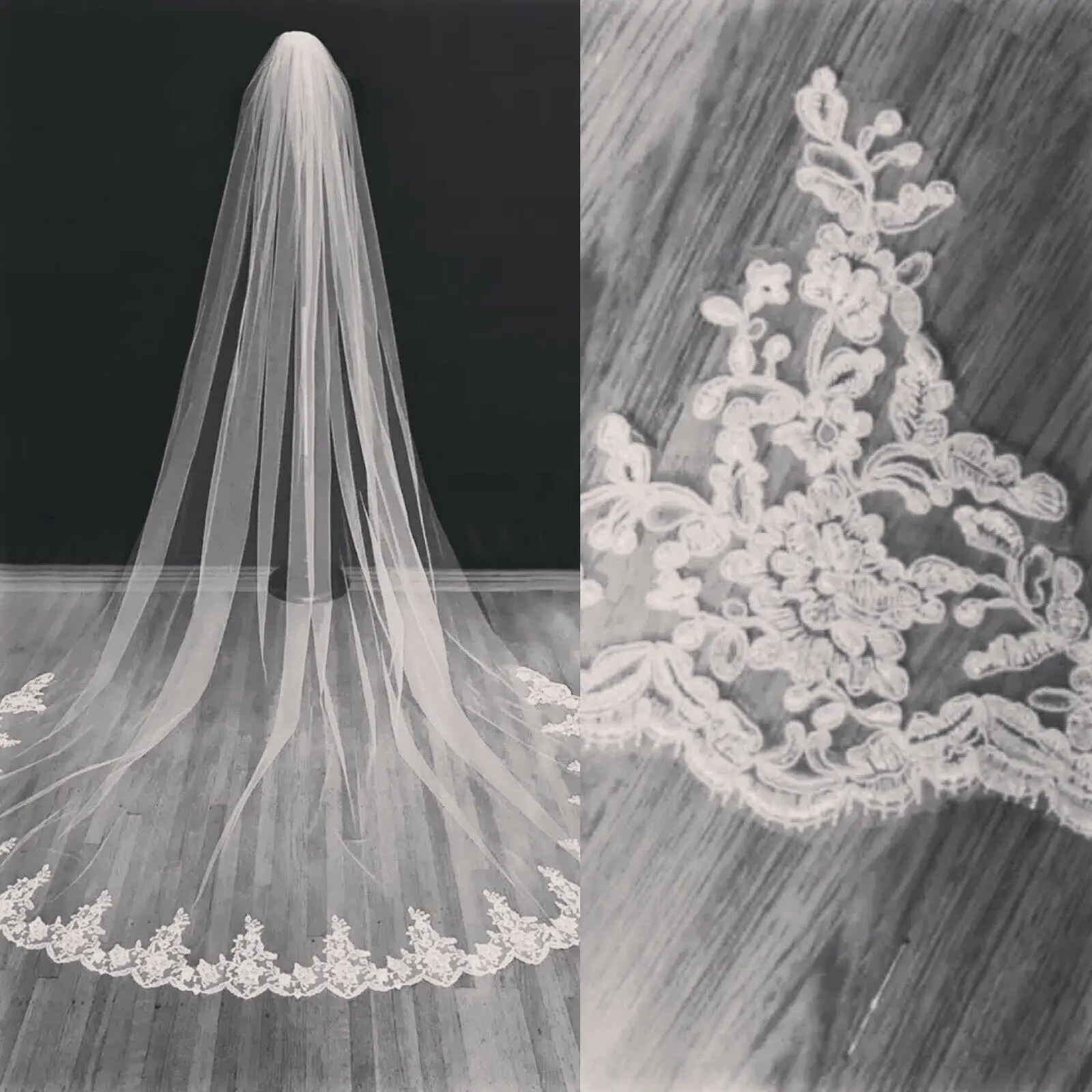 Bride wedding white cathedral long veil 1 layer lace trim and comb, bridal accessories lace veil 1.5 meters wide