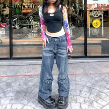 

SUCHCUTE Vintage Solid Women Jeans Harajuku Streetwear Casual Denim Trousers Korean Fashion Pocket Patchwork Baggy Cargo Pants
