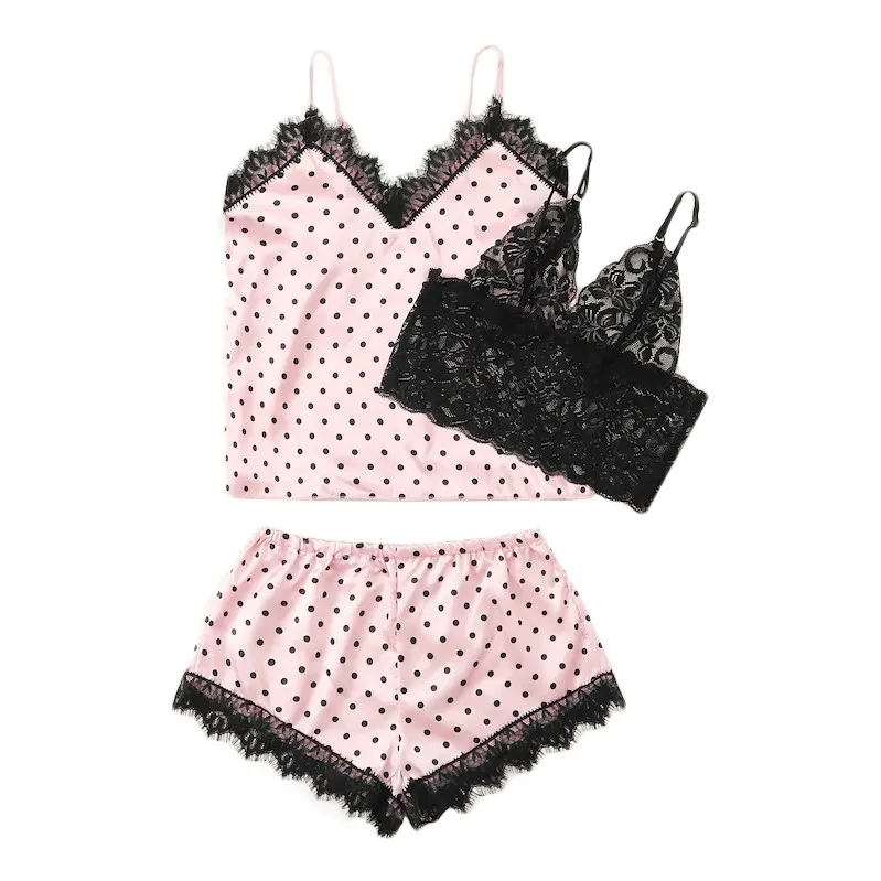 Pink 3 шт., пижама, женское сексуальное белье, кружевное белье, лифчик, беспроводной бюстгальтер, шорты, стринги, пижама, набор, пижама - Цвет: Pink