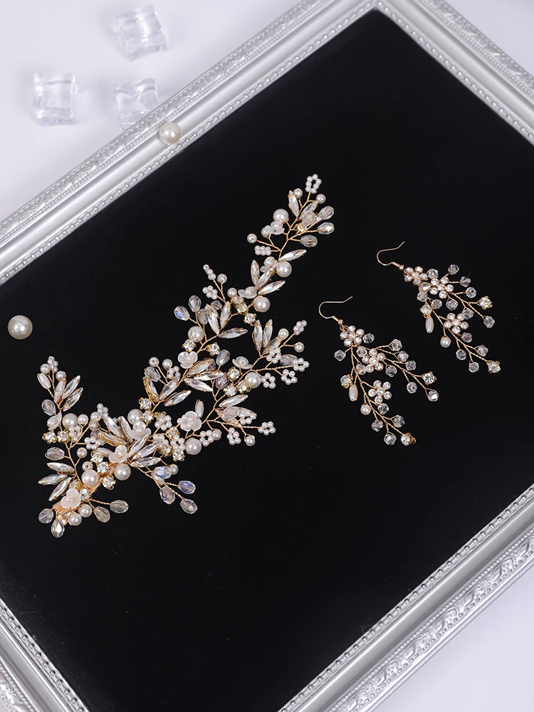 Bridal Hair Accessories Gold Wedding Hair Accessories Rhinestone Pearl Luxury Headband And Earrings For Women Bridal Headwear Hair Jewelry hair accessories bridal hair accessories
