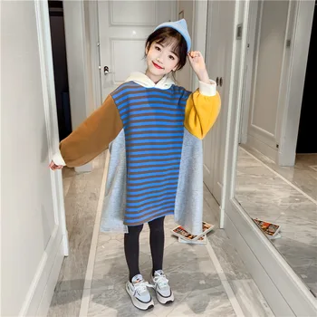 

Fashion 2019 Striped Patchwork Long Hoodies Little Big Girls Hooded Sweatshirt Dresses For Kids Autumn Children Dress Clothing