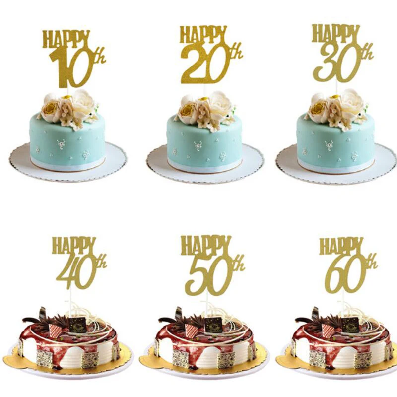 2 Pcs Happy 30/40/50/60th Cake Gold Toppers Decorations Supplies Birthday Party 