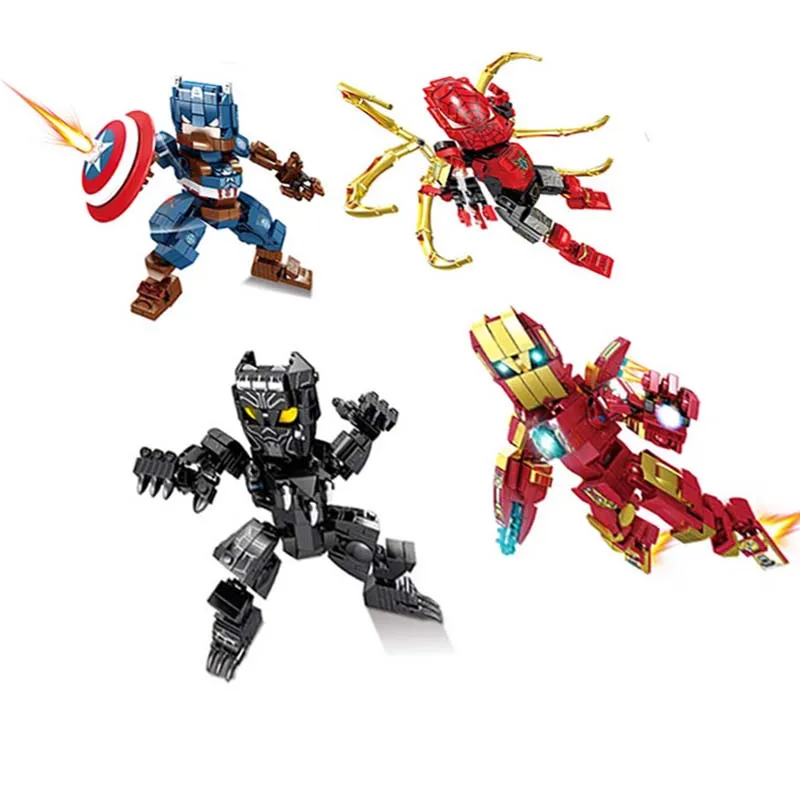 

4Pcs Avengers 4 Heroes Mechanical Iron Man Spider Man Captain America Panther Set Building Blocks Bricks Boy Toys B758