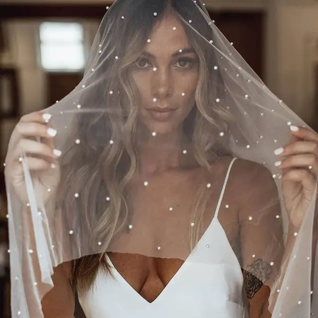 

TOPQUEEN V114 Pearls Wedding Veils with Blusher 100% Handmade Beaded 3M Cathedral Wedding Veu with Pearls Wedding Collection