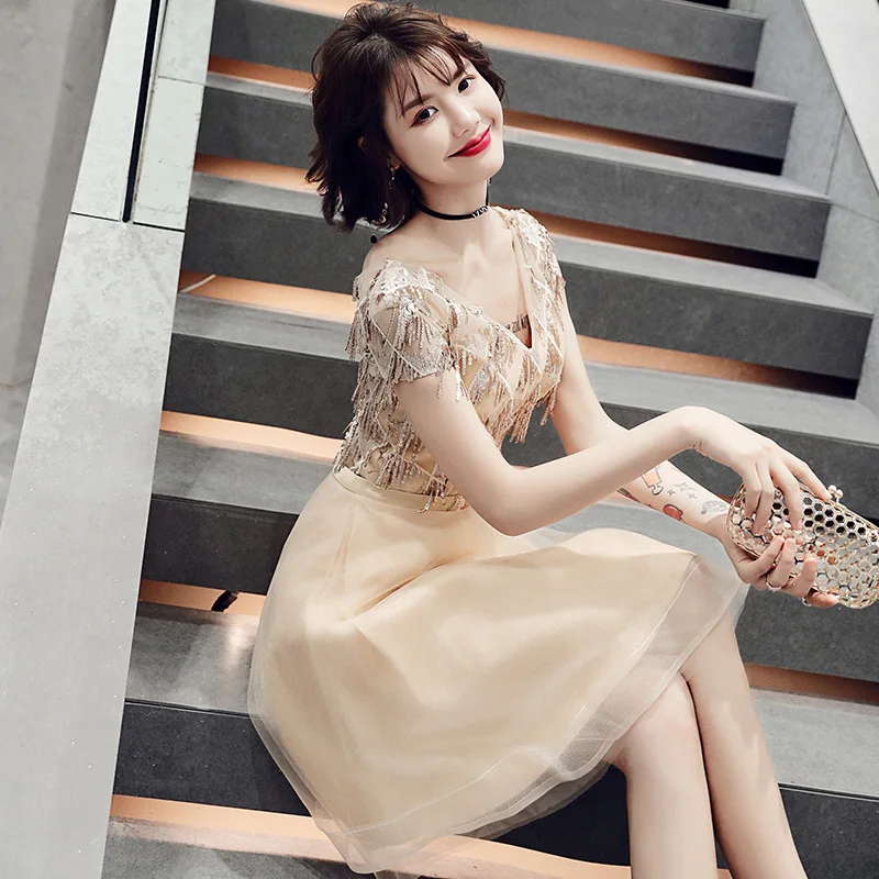 

Gold-Tone Evening Gown Women's 2019 Short Dress Is Still Simple And Elegant Banquet Elegant Dress Slimming Dress