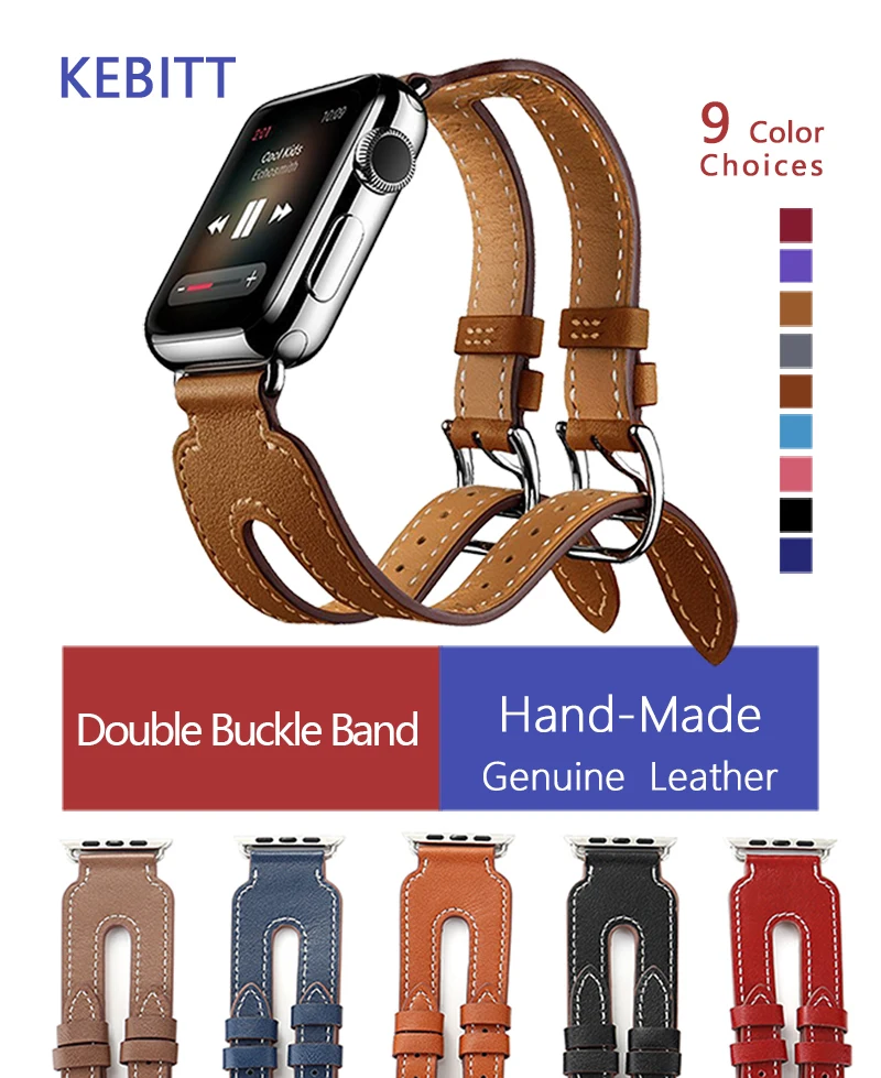 Кожаный ремешок для iWatch спортивный браслет с двойной пряжкой Apple Watch Series 7 6 Se 5 4 3 2 1