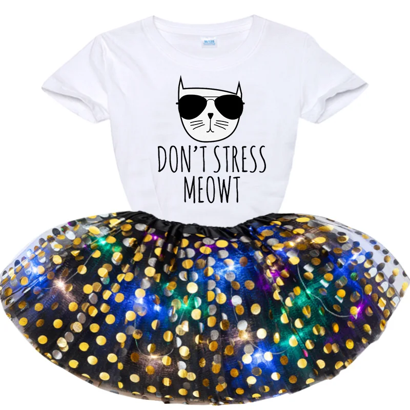 

Kids Skirts for Girls Summer Short Sleeve Cartoon Cat Printed T-shirt + Sequin Skirt Sets 2021 Girls Party Dress Tutu Dresses