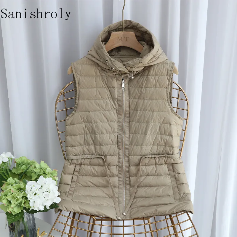 

Women Ultra Light 90% White Duck Down Waistcoat Autumn Winter Zipper Drawstring Sleeveless Hooded Vest Jakcet Ladies Short Tops