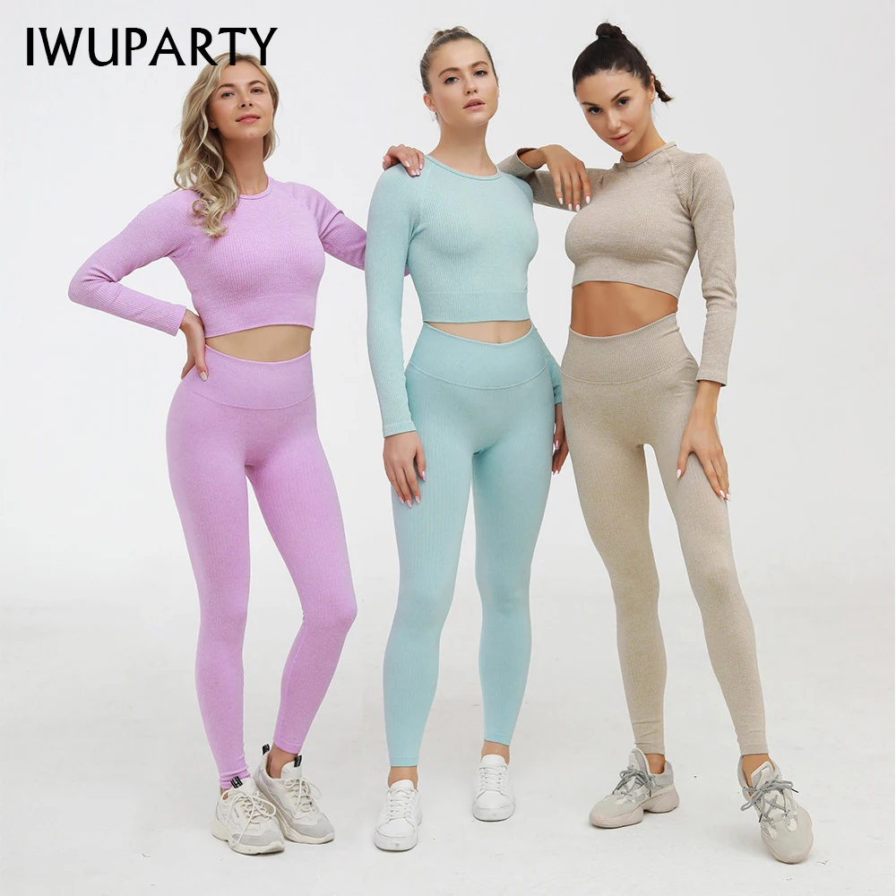 

IWUPARTY 2 Piece Set Women Long Sleeve Seamless Crop Top Gym Sport Stretchy Yoga Suit Shirt Workout Outfit Fitness Clothing