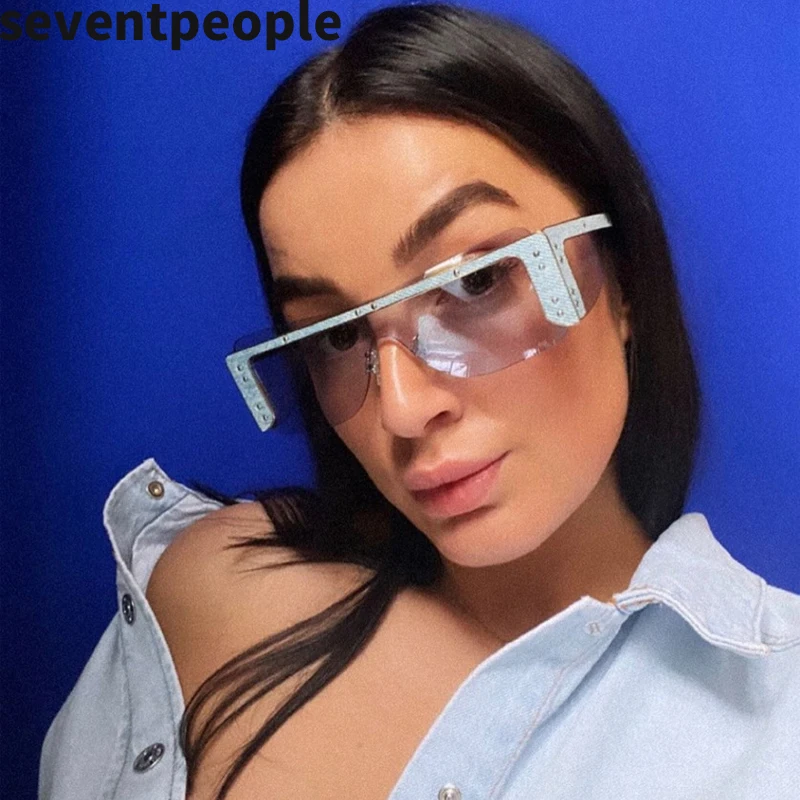

Fashion Half Frame Steampunk Sunglasses Women 2020 Luxury Brand Designer Rivets One-Piece Vogue Punk Square Sun Glasses Shades